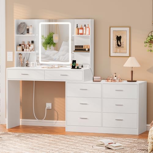 Image of FIONESO Vanity Desk with LED Light Mirror & Power Outlet, 8 Drawers, 6 Storage Shelves, 3 Color Modes & Adjustable Brightness Makeup Vanity, Corner Vanity, L Shape Vanity, 39.4 inch-64.9 inch Desk, White