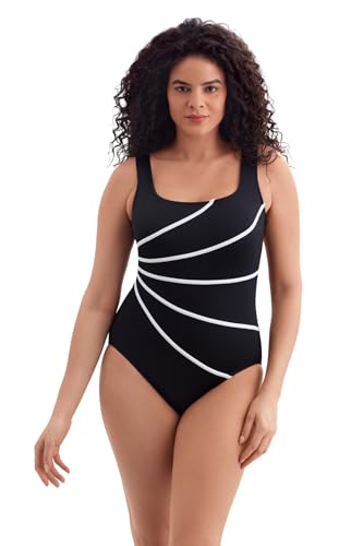 Women's Plus Swimwear Solitude Fan Tank One Piece Swimsuit, Black/White, 22