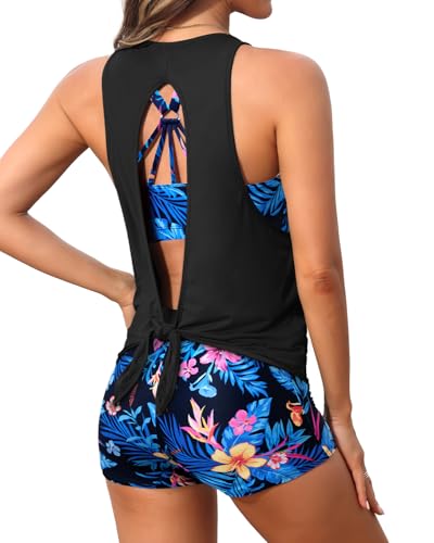 Image of 3 Piece Swimsuits Open Tie Back Tankini Top And Athletic Swim Shorts | Supportive Strappy Swim Bra, Adjustable Straps, Removable Pads, Tummy Control Boyshorts, Quick Dry Fabric, XXS-20 Plus