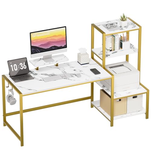 Image of GreenForest Computer Desk 58 inch with Printer Shelf, Reversible Office Desk with Monitor Stand and 2 Hooks, Home Desk Workstation for Study Writing Working Gaming, Marble