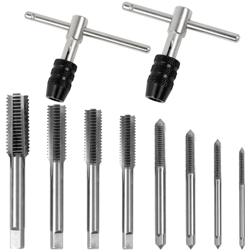 Gewindeschneider Set Windeisen für Gewindebohrer M3 M4 M5 M6 M7 M8 M10 M12 Verstellbarer Gewindeschneidsatz 10 Stück Tap And Die Set HSS Gewindefräsen and 2 T Griff Windeisen Ratsche Werkzeug