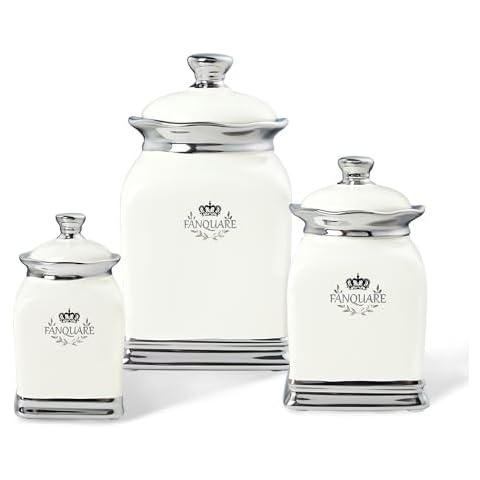 fanquare White Countertop Canisters Set of 3 in 3 Sizes, Farmhouse Porcelain Cookie Jars and Little Sugar Bowls Set, Ceramic Decorative Jar with Lid Cover