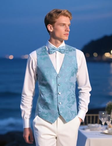 DiBanGu Mens Suit Vest Velvet Hot-Stamped Waistcoat with Bow Tie Set Formal Paisley Floral Dress Vest for Prom Party2
