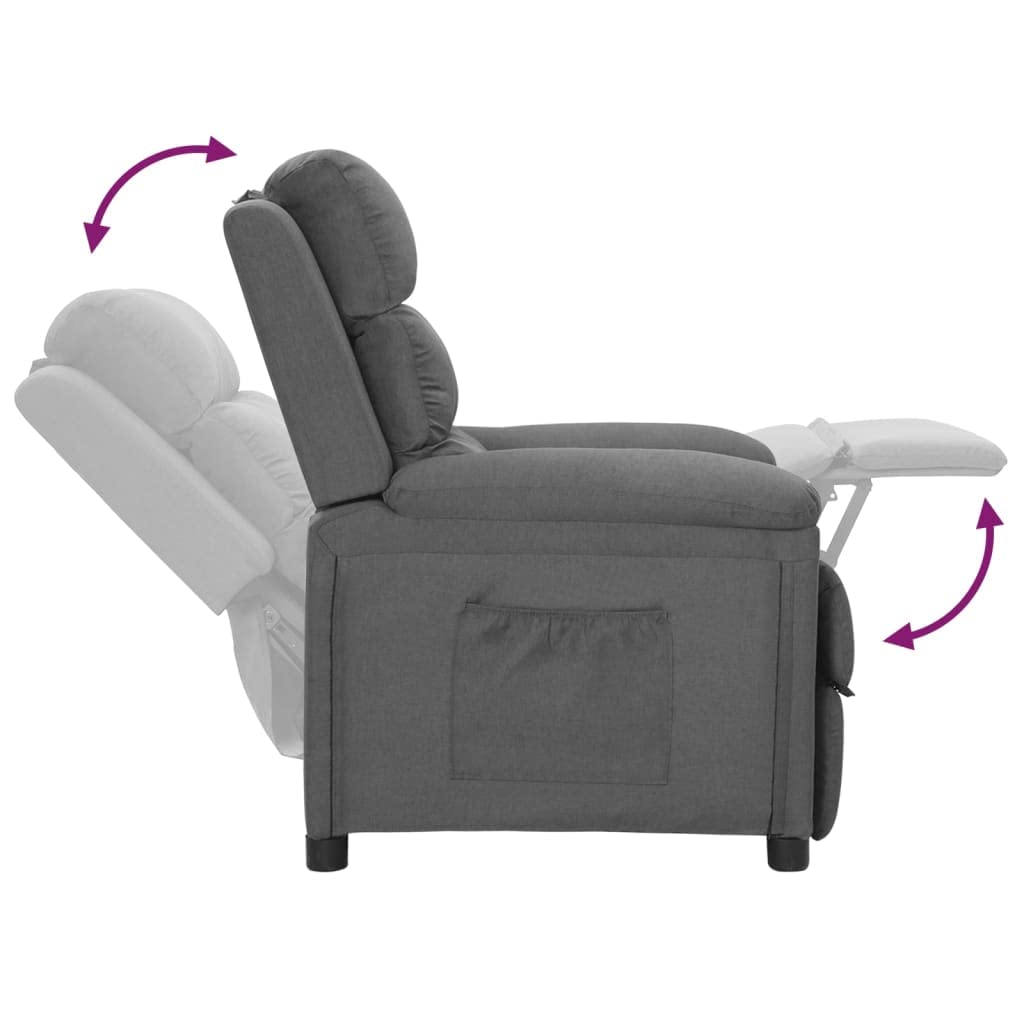 Fotel relaksacyjny, jasnoszary, materiał z ręczną funkcją leżenia, regulowane oparcie i podnóżek, ergonomiczny fotel tapicerowany z drewna i metalu, do salonu, kącika do czytania, biura i