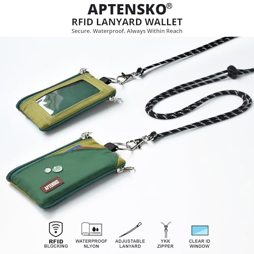 Image of RFID Blocking Travel Wallet with Adjustable Lanyard, Small Nylon Zipper Pouch and Badge Holder for ID, Credit Cards, Cash, Keys, Commuters (ForestGreen+OliveGreen)