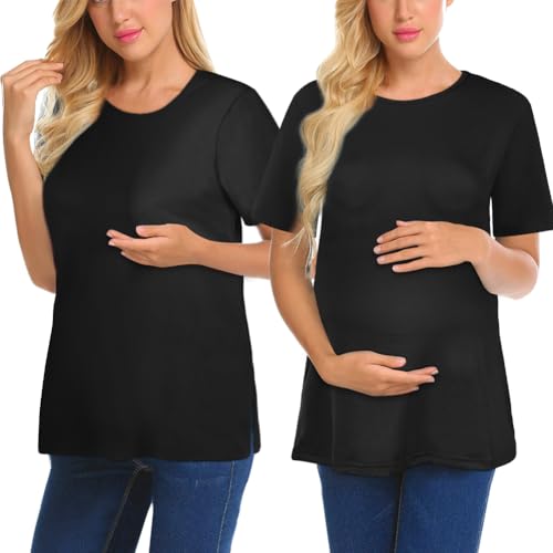 Aolso Still Shirt, Stilltops Damen, Kurzarm Umstandsshirt mit Stillfunktion, Soft Nursing Top für Schwangere, Stillen T-Shirt für Schwangere, Umstandsmode T Shirt, Schwarzer XXL-Schlitz