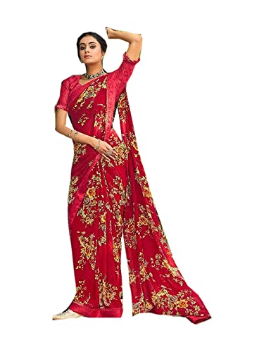 Sari indien Georgette rouge avec bordure satin et chemisier fluide chic