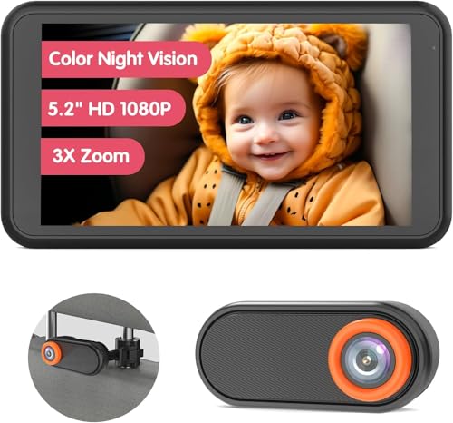 LUCKVIEW Car Camera for Baby, 5.2” 1080P Screen Baby Car Camera with Full-Color Night Vision, 360°Rotating Adjustable Car Baby Camera, Full Crystal Clear View for Back Seat Rear Facing (BM2)