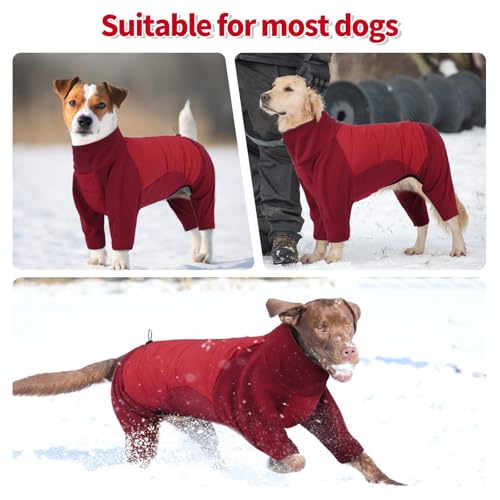Image of BRKURLEG Full Body Dog Winter Coat Warm Fleece Pullover Pajamas, Four Legs Covered Windproof Dog Jacket for Small to Large Dogs, Turtleneck Dogs Snowsuit, Pet Cold Weather Clothes, Red XXXL