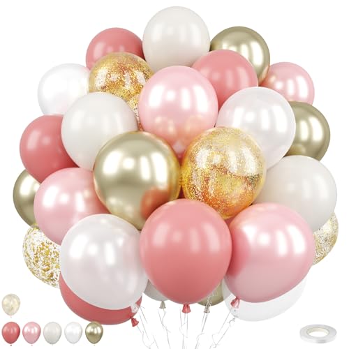 Image of Blush Pink Gold Balloons, 50Pcs 12 Inch Double Layer Confetti Latex | Pearl White Pink Gold Balloons for Birthday Wedding Anniversary Bridal Baby Shower Party Decor