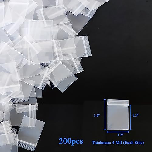 200pcs Small Plastic Bags, 1" x 1" 4 Mil Reusable Clear Thick Mini Zipper Poly Baggies for Pills, Beads, Jewelry Parts, Small Items