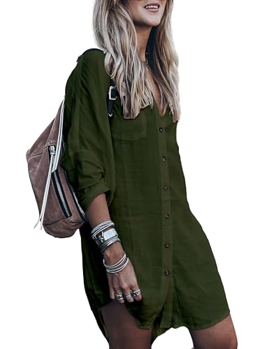 Image of Women's Swimsuit Cover up,Silky Button Down Shirt Midi Dress Kimono,Summer Bathing Suit Beach Coverups for Women (CP-Aline)