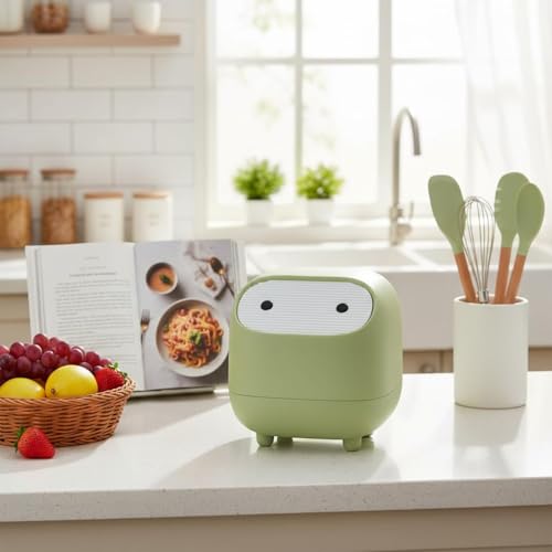 Image of House of Quirk Mini Trash Can with Lid, Cute Ninja Desktop Dustbin, Small Plastic Garbage Can for Office Desk, Bathroom Vanity, Coffee Table & Home Use (Green)