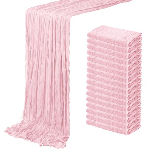 16 Pack Light Pink Cheesecloth Table Runner 20 x 120 inch Gauze Table Runners 10 FT Long,Semi Sheer Boho Cheese Cloth Fabric Table Runner Bulk for Wedding,Party,Baby Shower,Bridal Shower Decoration