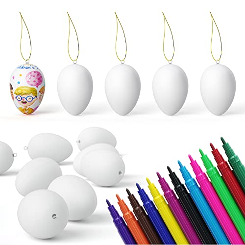 KINGJOY Lot de 24 œufs de Pâques en plastique à suspendre pour arbre, chasse de Pâques, panier de Pâques avec 12 stylos de couleur Cover