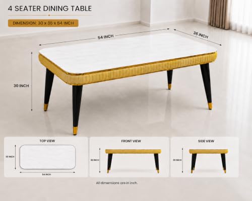 Image of WOODEN SPACE Majestic 4 Seater Wooden Dining Table Set | Urban Marble Top Dining Table with Chairs for Dining Room & Kitchen (Modern Classic Printed Yellow) (54 x 36 x 30 inch)