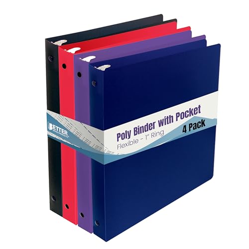 Better Office Products Flexible 3 Ring Poly Binder with Pocket 1 Inch Letter Size 4 Pack-Red Blue Purple and Black