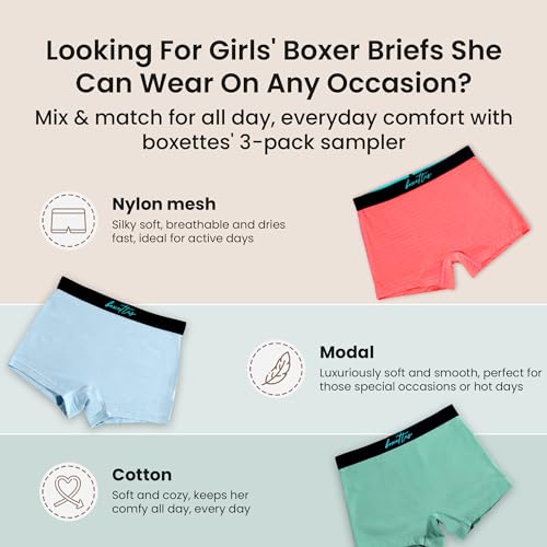 Girls' Boxer Briefs. 3-pack sampler Cotton, Modal and Nylon Mesh. Sensory-friendly. Full-coverage. Super soft. Tagless.3