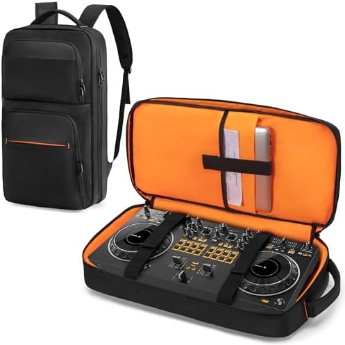 Rexmica DJ Controller Carrying Case Compatible with DDJ 400 / DDJ-SB2 / DDJ-SB3 / DDJ-REV1 / DDJ-FLX4, Padded DJ Controller Storage Bag Backpack with Laptop Sleeve for DJ Equipment and Cable