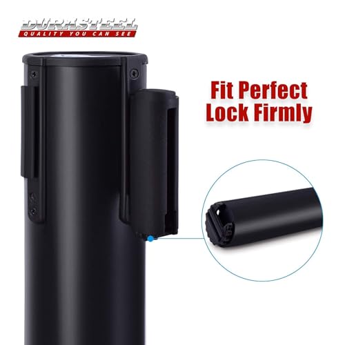 Image of DuraSteel Black Crowd Control Barriers Stanchions with Retractable Belts - Metal Stanchion Posts w / 6.5ft Black Retractable Barrier Belt Ropes - Queue VIP Safety Line Dividers - Set of 6 Stantions