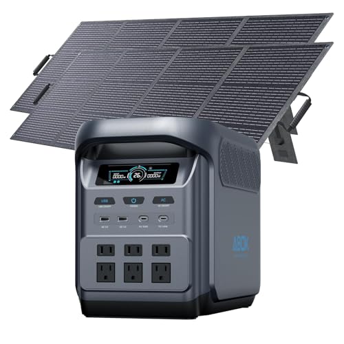 1024Wh ABOK Ark1800 Portable Power Station 1kWh with 2x200W Solar Panels, LiFePO4 Battery, 1800W AC Output, PD140W/100W, UPS, Solar Generator Max.2000W Input, Expandable to 5120Wh, 13 Output Ports