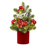 Mini-kunstkerstboom met realistische takken en dennenappels, als decoratie voor binnen, vintage stijl, klaar om op open haard of tafel te plaatsen, 21 x 32 cm, feestdagen (rood)