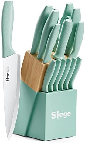 Slege 15pcs Kitchen Knife Set with Block, Sharpener and Scissor, Stainless Steel Knives with Extre-light Straw Handle