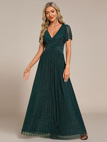 Image of Ever-Pretty Women's V-Neck Glitter Formal Dresses Pleated Short Sleeves Floor Length A-Line Mother of Bride Dress 11961