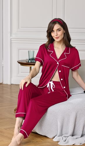 Image of WJing Yi Jia 3Pcs Soft Pajama Sets For Women XS-XXL Womens Pajamas Set Sleepwear Button Down Short Sleeve Long Pants Pj sets