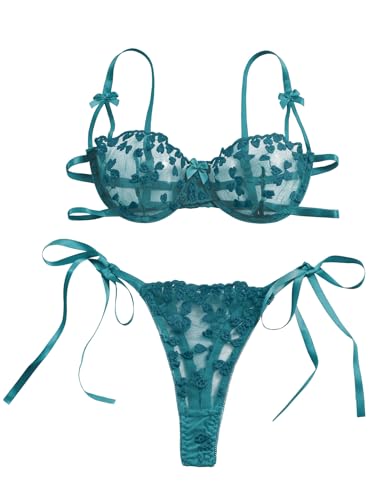 Image of Lilosy Sexy Tie Side Cute Underwire Push Up Strappy Embroidered Mesh Sheer Lingerie Set