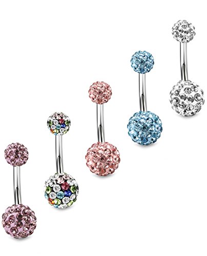 FIBO STEEL 5 Pcs 14G Stainless Steel Belly Button Rings Navel Barbell Body Jewelry Piercing