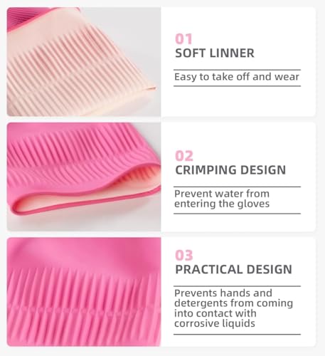 Image of Pink Multipurpose Waterproof Rubber Gloves for Kitchen, Dishwashing & Gardening - Reusable, Non-Slip, Latex-Free Scrubbing Gloves for Household Cleaning, Pet Care & Painting- 15 INCH. (2 PAIR)