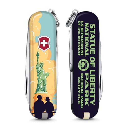 Image of Victorinox Classic SD Swiss Army Knife, Statue of Liberty National Park | 7-Function Swiss Mini Knife, Small Blade, Nail File, Screwdriver, Key Ring, Swiss Made, Compact EDC for Keys and Bags