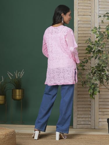 Image of Ada Women's Georgette Regular Fit Chikankari Hand Embroidered Lucknow Short Kurti Top A911224