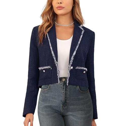 M.Infisavo Women’s Cropped Tweed Jacket Blazer with Pockets Long Sleeve Open Front Notch Lapel Cardigan Elegant for Casual Navy Blue Medium