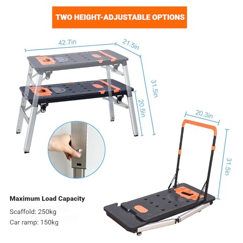 Chevalet de sciage pliable et diable robuste avec 4 roues