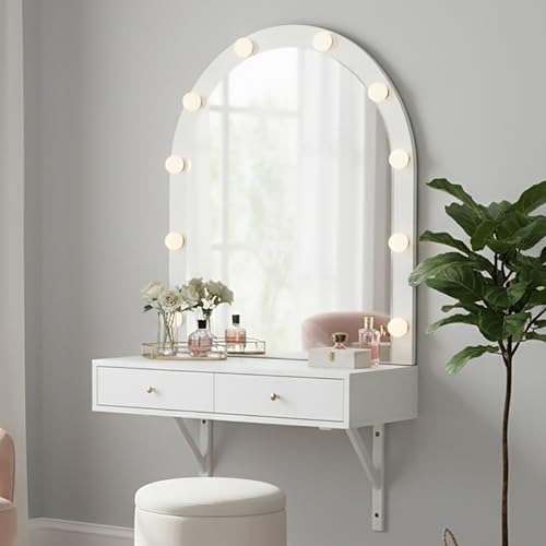 Merax Floating Makeup Vanity Desk with Mirror and 3-Color Lights, 31' Wall-Mounted Vanity Shelf with 2 Drawers and Power Outlet for Bedroom Hairdressers, Bear 66LBS (White)