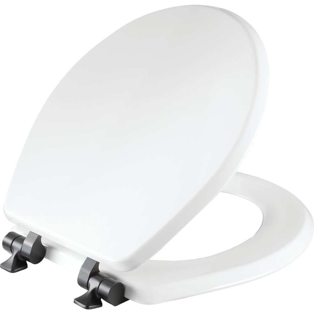 Mayfair Bennett Toilet Seat with Matte Black Hinges, Slow Close Wood Seat, Secure Metal Hinges, Easy Install, Made in USA, Round, White