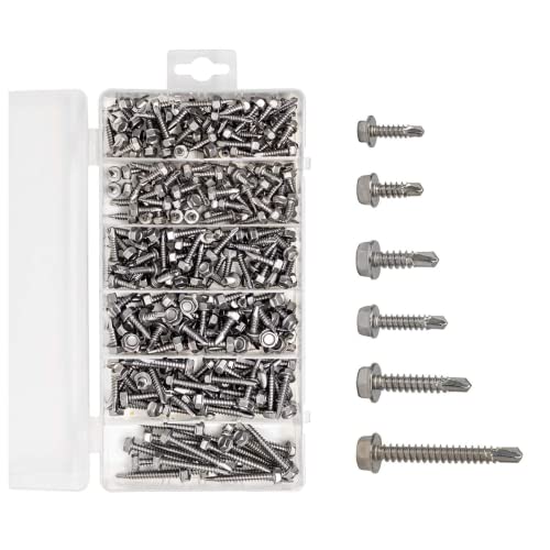 T.K.Excellent Hex Washer Head Self Drilling Screws 285 PCS, Self Tapping Sheet Metal Tek Screws, 410 Stainless Steel