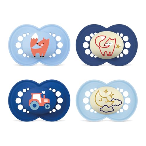 MAM Original Day & Night Matt Schnuller | 6-16 Monate | 94% Akzeptanz | Babyschnuller beugt Zahnfehlstellungen vor | mit Zahnmedizinern entwickelt | SkinSoft Silikon | Fuchs/Mond | 4 Stück