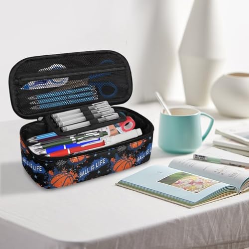 Image of Kids Pencil Case Basketball Print Pencil Pouch for Boys 6-8 Years Lightweight Large Capacity Pen Bags with Mesh Pocket for School