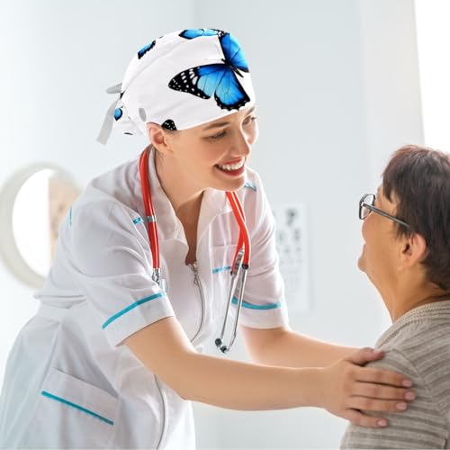 Image of Colored Butterflies Scrub Caps Women Ponytail, Adjustable Bouffant Surgical Caps with Button, Nurse Hats Long Hair