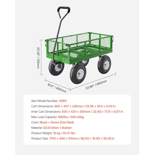 Happybuy 680 Lbs Steel Garden Cart on Wheels, Heavy Duty Pullable Garden Wagon, Metal Outdoor Utility Yard Cart with 10\" Tires, Removable Mesh Sides and 180° Rotating Handle