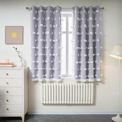 Image of MYSKY HOME Lilac Curtains for Girls Bedroom Kids Curtain White Pom Pom Sheer Window Curtains 2 Panels Grommet Room Darkening Double Layer Nursery Curtains 63 Inches Length, Light Purple, W52 X L63