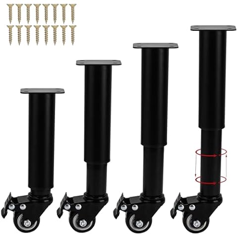 TCHOSUZ 12-18 Inch / 31-45cm Adjustable Metal Furniture Legs with Casters Wheels, Set of 4 Heavy Duty Bed Frame Center Slat Support Legs DIY Replacement Feet for DIY Cabinet Sofa Couch TVstand Black Cover