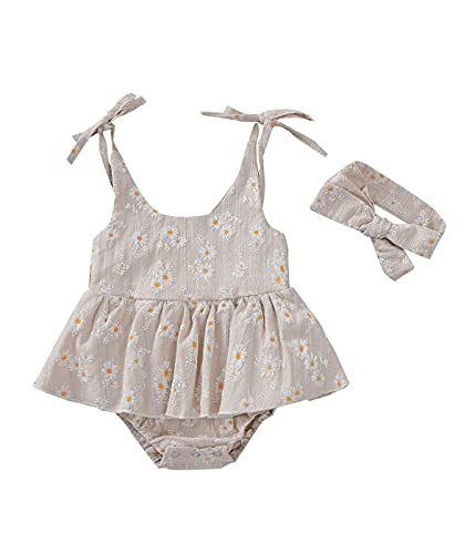 Image of Baby Girls Daisy Playsuits Bodysuit+Headband Print Halter Romper Floral Jumpsuit Infant Onesie Summer Clothes