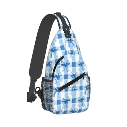 Image of SUPLUCHOM Sling Bag Blue Bows Check Hiking Daypack Crossbody Shoulder Backpack Travel Chest Pack for Men Women