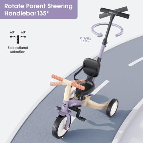 newyoo Toddler Tricycle with Push Handle for 1-3 Year Old, Toddler Bike, Birthday Toy for Boys and Girls, 5 in 1 Kids Trike, Balance Bike with Backrest and Safety Belt, Purple, TR007 by newyoo - Image 4