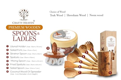 Image of Neem Wood Kitchen Utensils Set of 8 | Includes Spatulas, Ladles, Oil Spreader & Wooden Holder | Non-Stick Safe, Hygienic, Durable & Rust-Free | Wooden Cooking Tools |