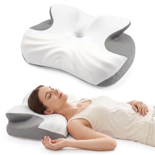 JKNJKN Low Profile Cervical Pillow for Neck Pain Relief, Orthopedic Memory Foam Pillow with Dual Height 4.3" & 5.1" Loft, Cooling Butterfly Contour with Arm Rest for Side and Back Sleepers - image 1